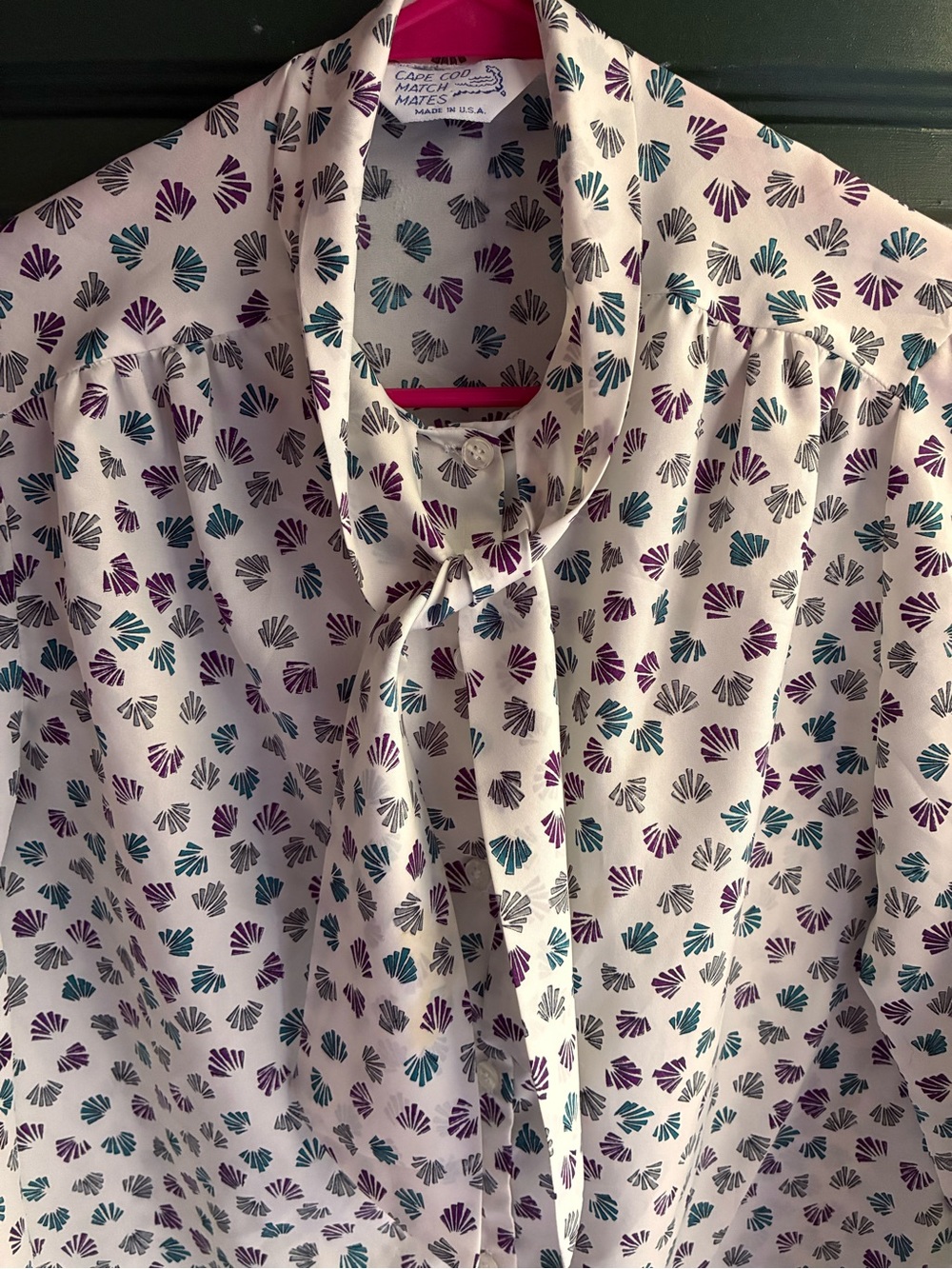 Vintage Tie-Neck White Blouse with Purple, Gray & Teal Shell Print
